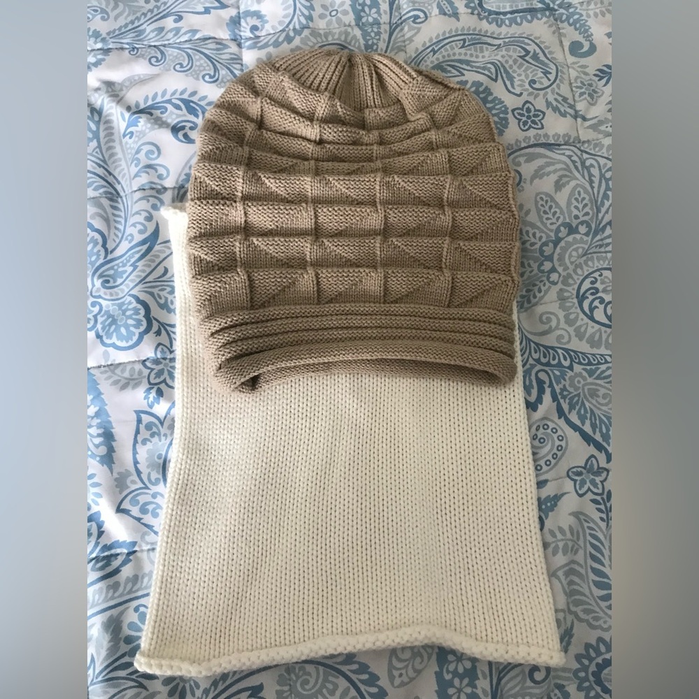 Tan Knit Toboggan/Long Beanie & Cream Infinity Scarf